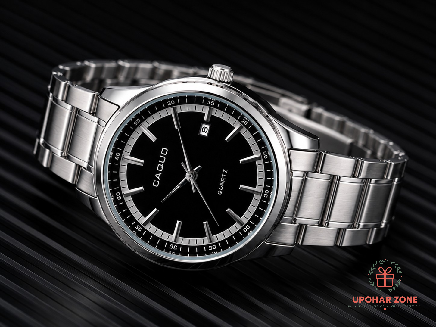 CAQUO Premium Stainless Steel Men’s Quartz Watch – Black Dial - Image 5