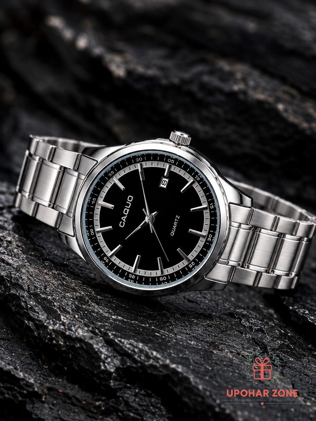 CAQUO Premium Stainless Steel Men’s Quartz Watch – Black Dial - Image 4