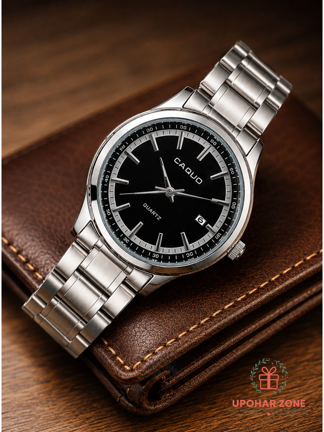 CAQUO Premium Stainless Steel Men’s Quartz Watch – Black Dial - Image 3