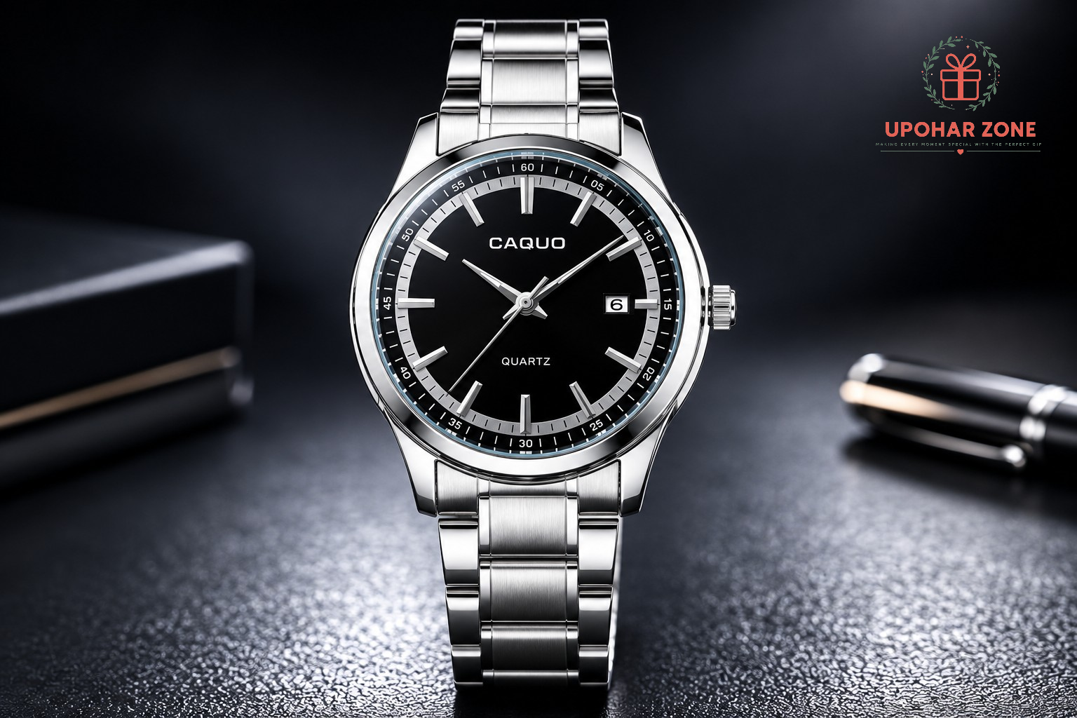CAQUO Premium Stainless Steel Men’s Quartz Watch – Black Dial - Image 2