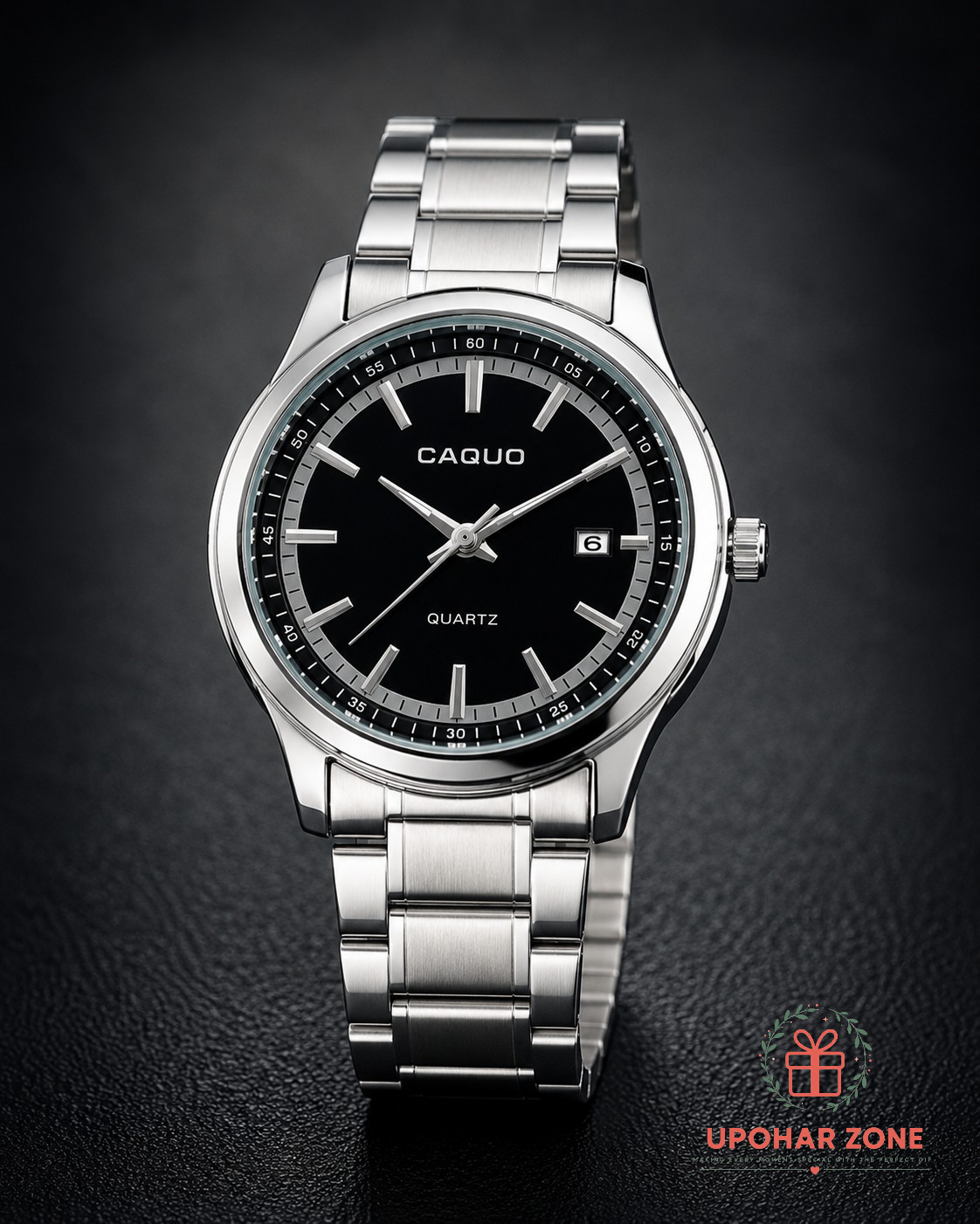 CAQUO Premium Stainless Steel Men’s Quartz Watch – Black Dial