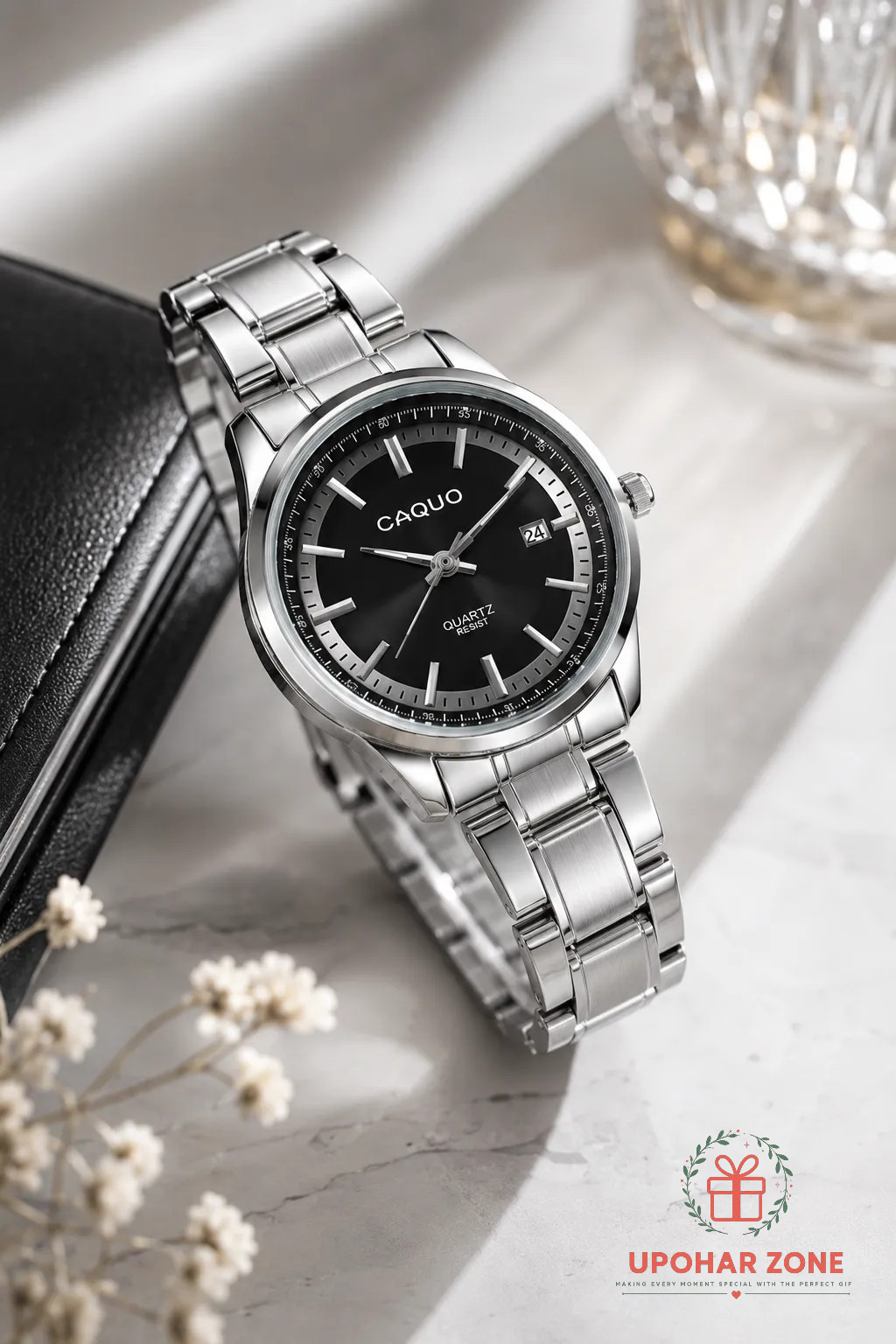CAQUO Premium Stainless Steel Men’s Quartz Watch – Black Dial - Image 3