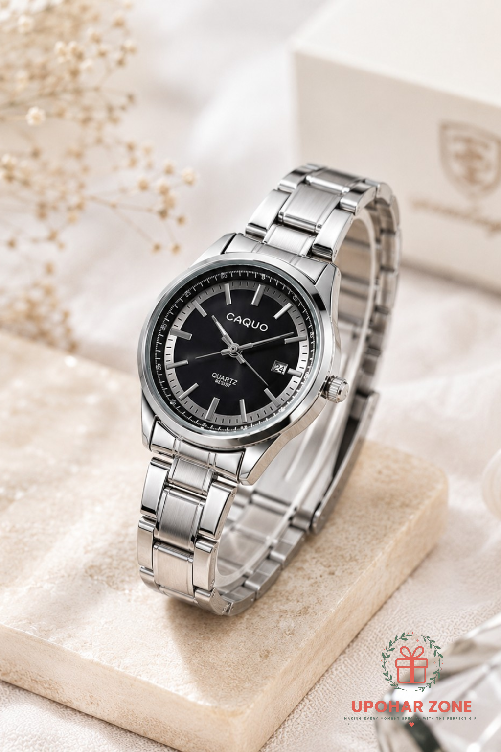 CAQUO Premium Stainless Steel Men’s Quartz Watch – Black Dial - Image 5