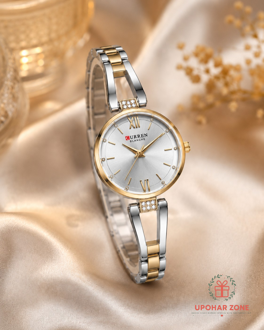 CURREN Blanche Premium Ladies Watch – White Dial Gold Silver Chain